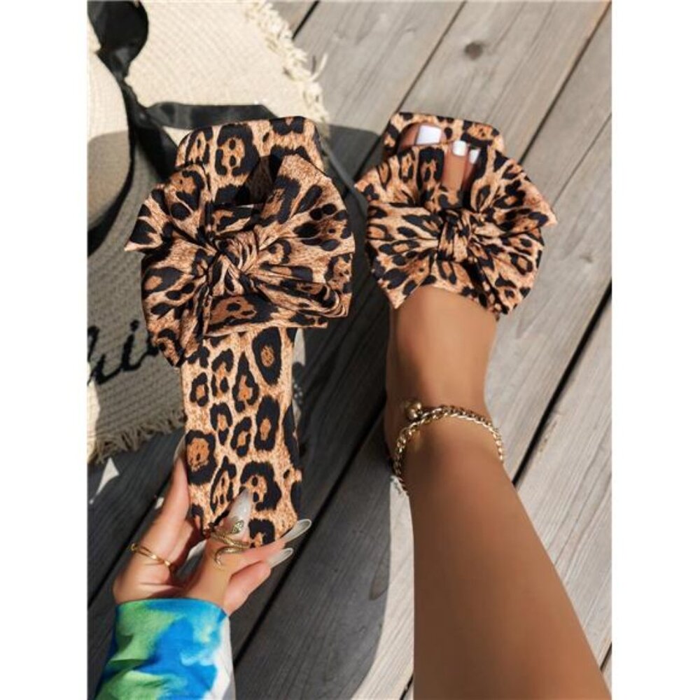 Summer Leopard Print Flat Sandals, Sexy Party Slipper With Bow Decor, Bohemian